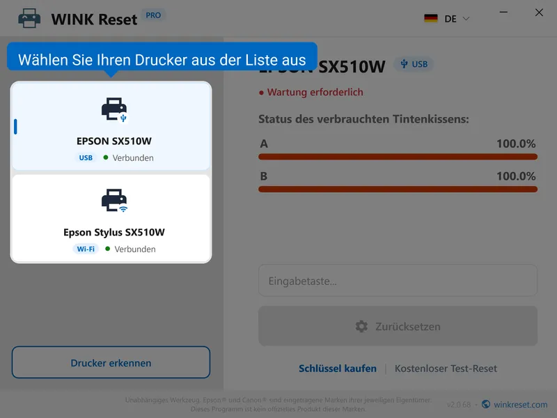 epson drucker aus der liste auswahlen
