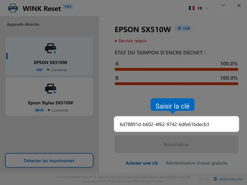 epson tampon encreur wic entrer cle activation fr