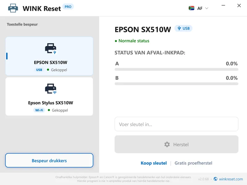 epson tellers suksesvol teruggestel na nul