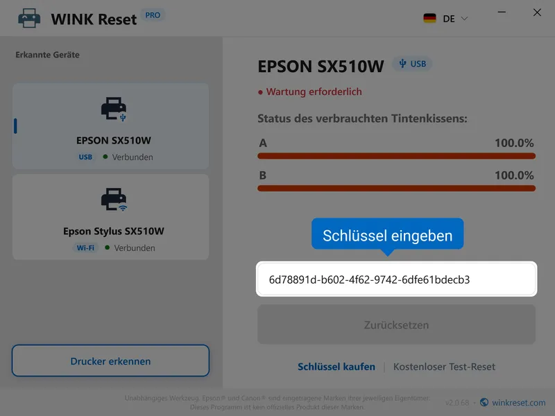 epson tintenkissen wic reset schluessel eingeben de