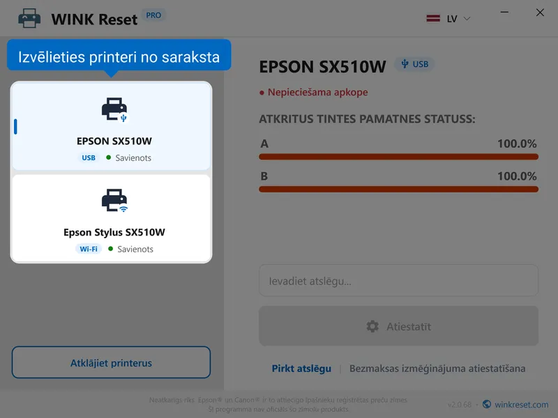 izvelieties epson printeri no saraksta