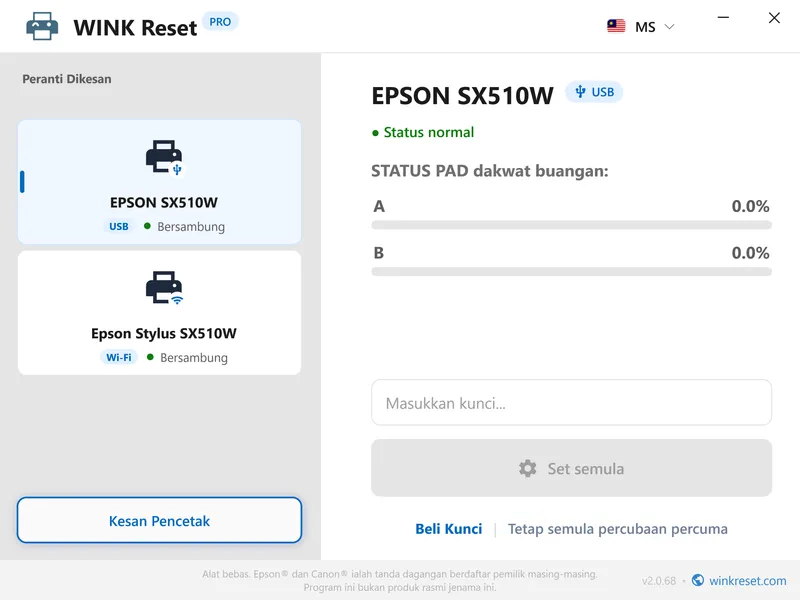 kaunter pad dakwat epson berjaya ditetapkan semula