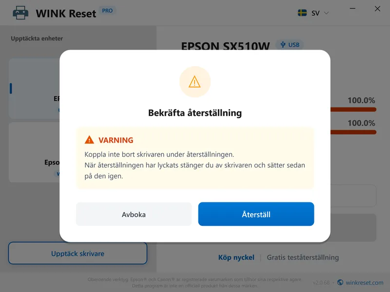 service kravs fel epson wic bekrafta sv