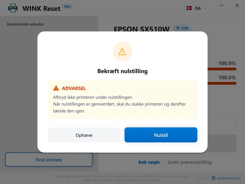 service pakraevet fejl epson wic bekraeft da