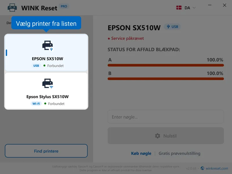 vaelg epson printer fra listen