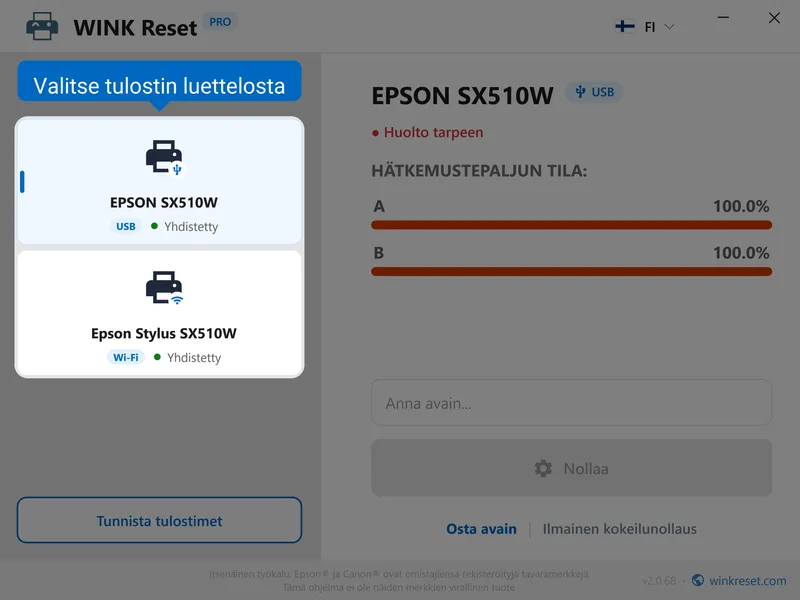 valitse epson tulostin luettelosta